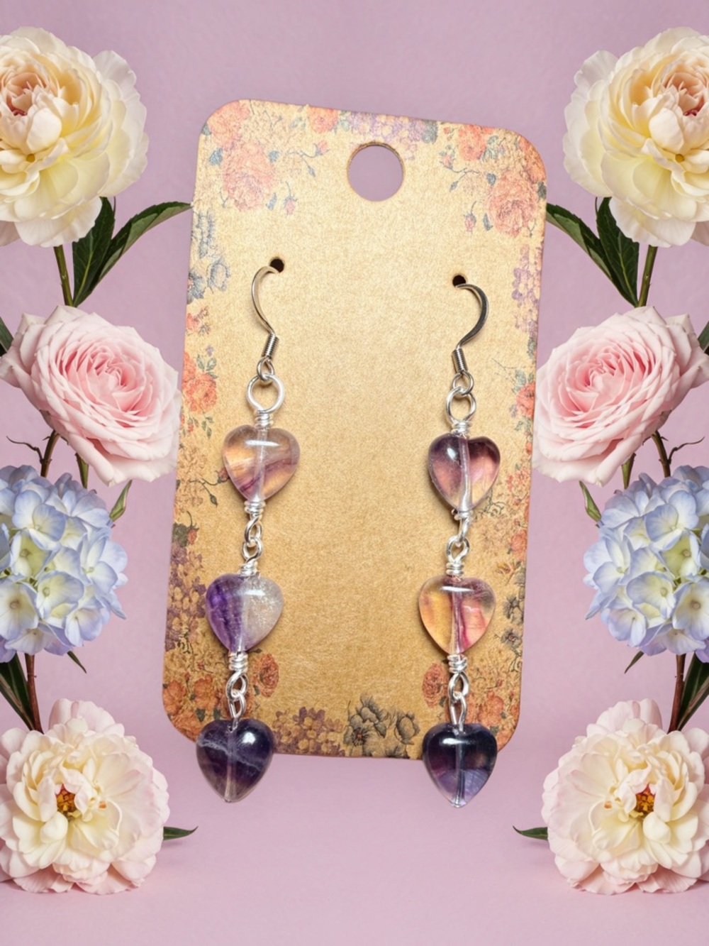 Fluorite Heart Earrings Stainless Steel Hooks Handmade